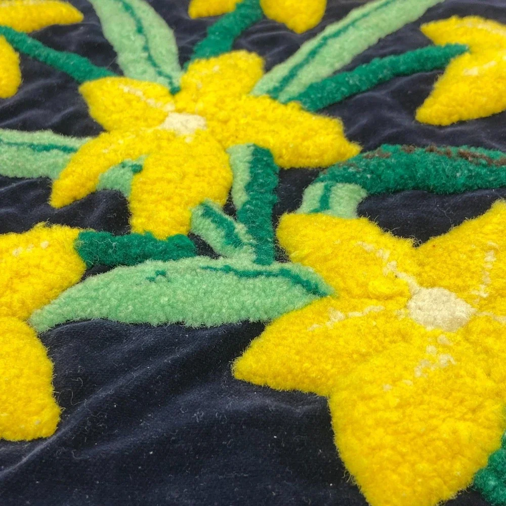 VTG Needlepunch Velvet Pillowcase Unfinished Yellow Flowers Floral Black Kitschy
